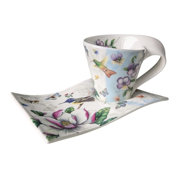 Adeline Fine Porcelain Tea Cup & Saucer Unique Floral Butterfly Hummingbirds - Picture 1 of 11